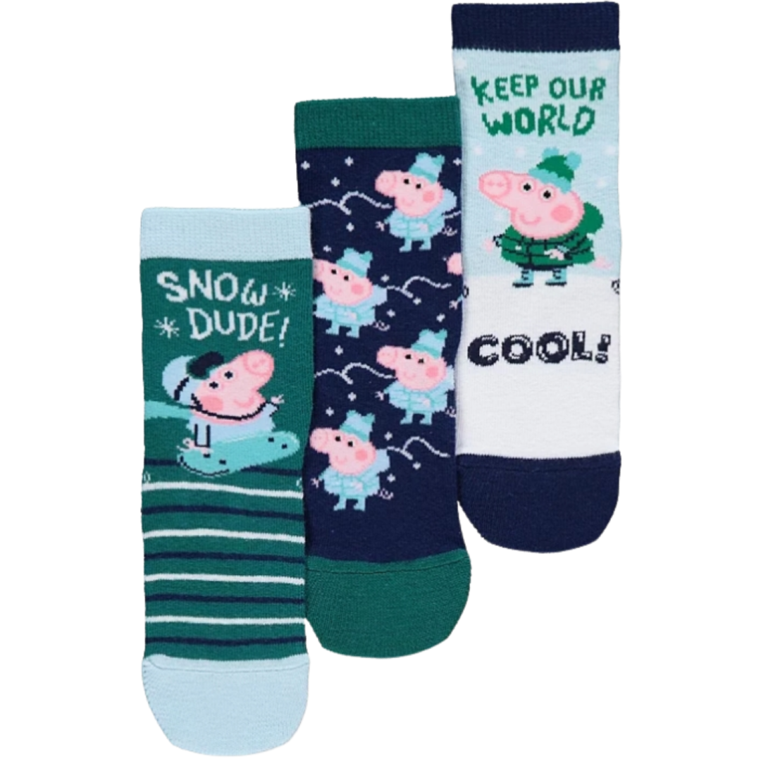 George Pig | 3pk Green/Navy/Blue Socks | Little Gecko