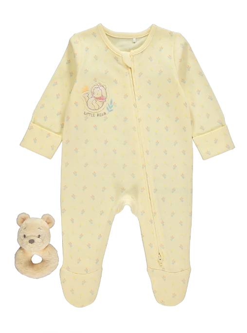 WINNIE THE POOH Yellow Sleepsuit & Rattle Set