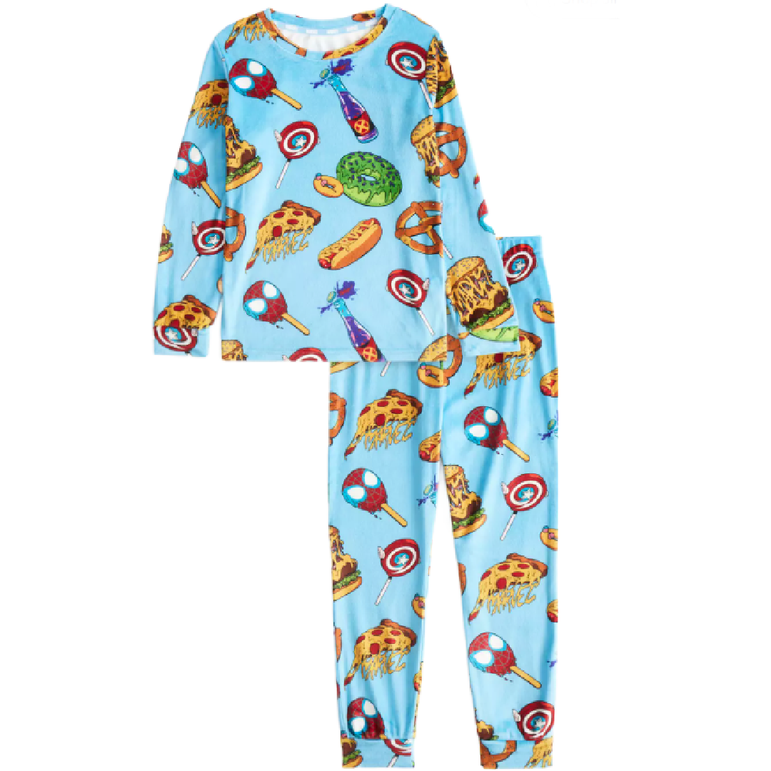 Marvel Comics | Blue Food Velour Long Pyjamas | Little Gecko