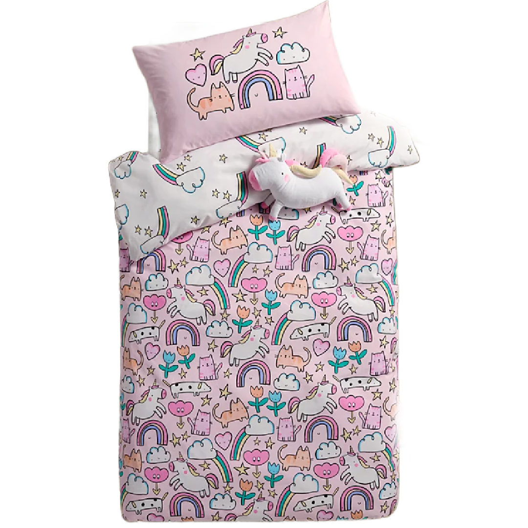 Pink Cats & Unicorns | Single Bed Quilt Cover Set | Little Gecko