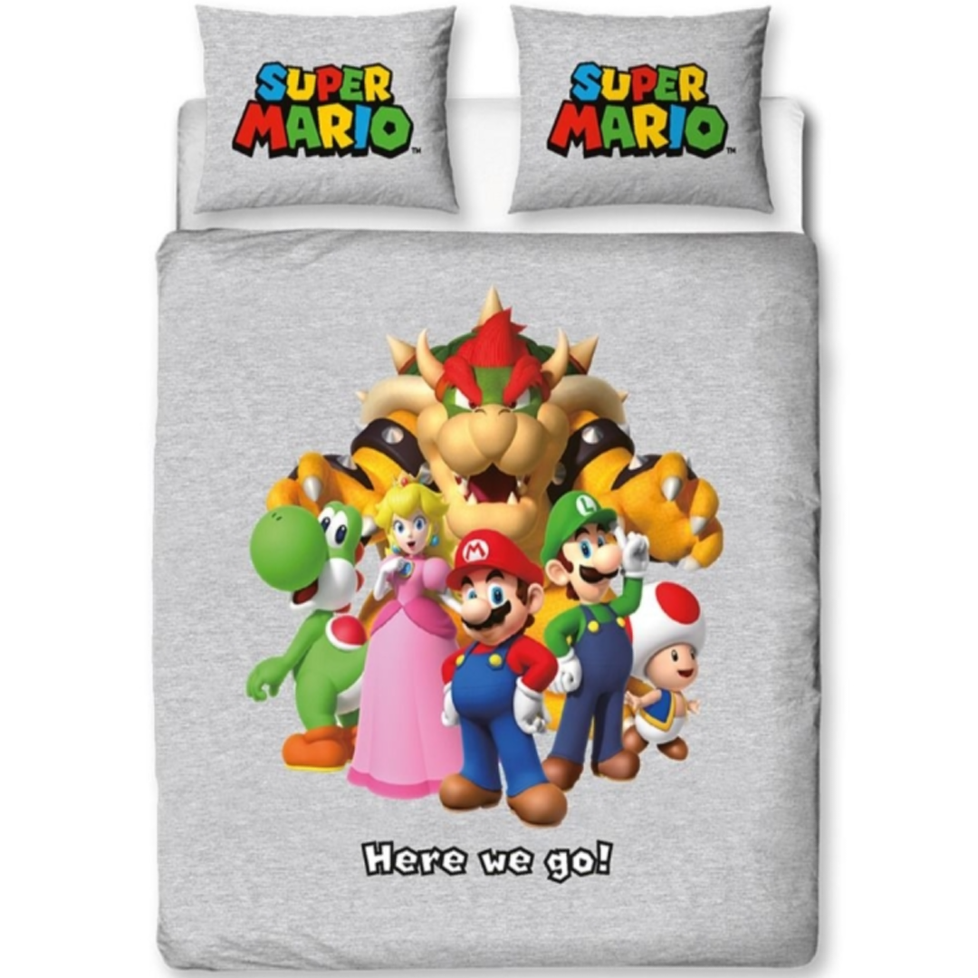 Super Mario | Grey Here We Go Double/Queen Bed Quilt Cover Set | Little Gecko