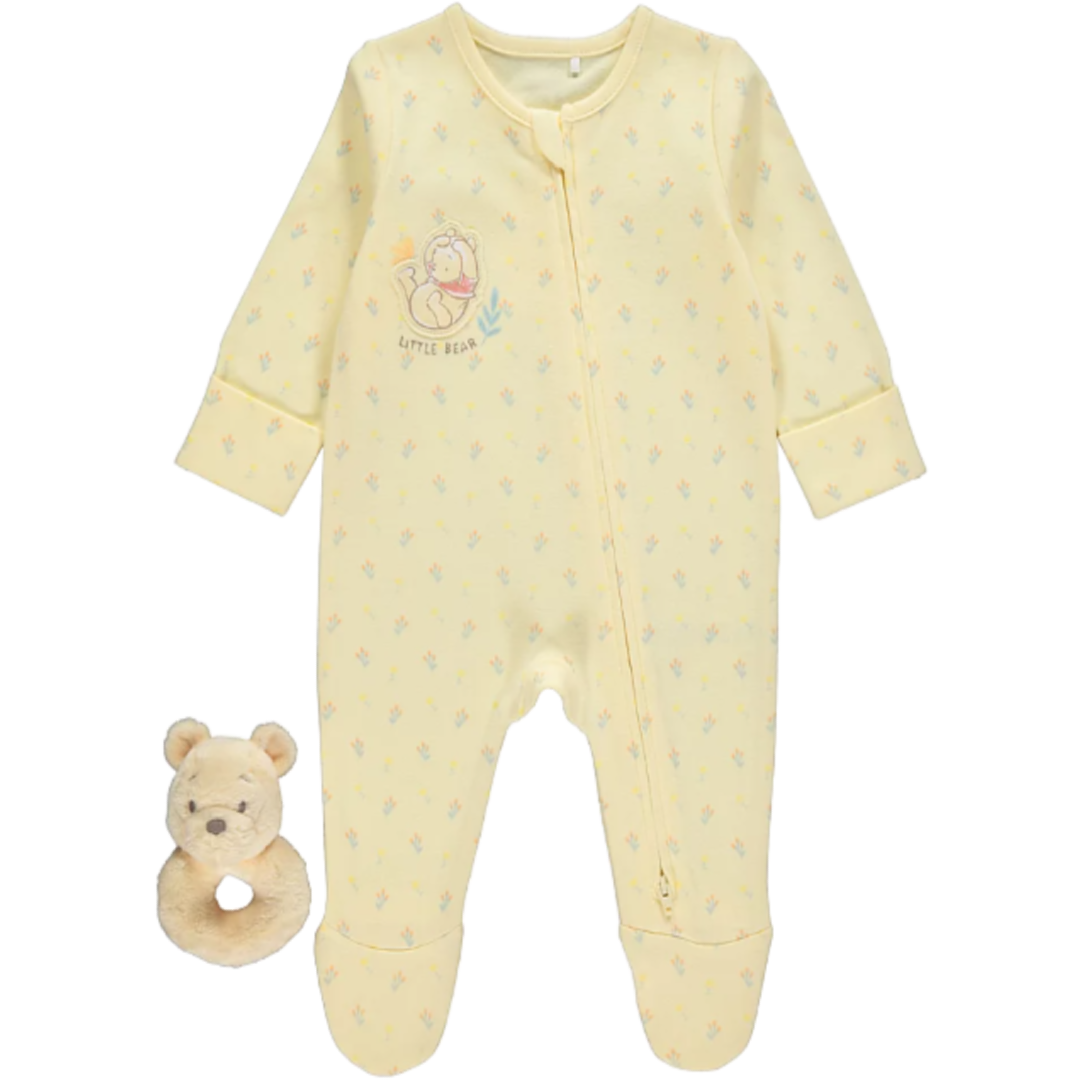 WINNIE THE POOH Yellow Sleepsuit & Rattle Set