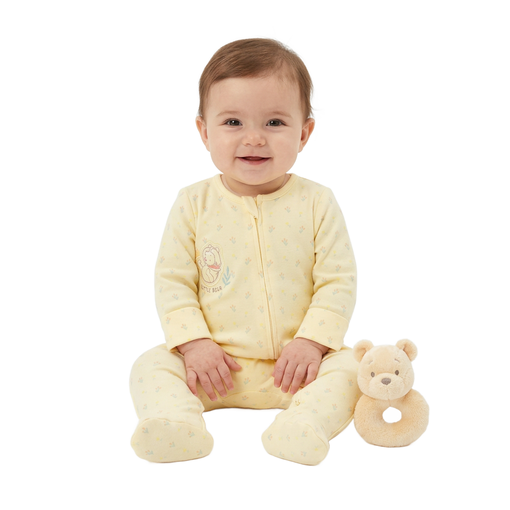 WINNIE THE POOH Yellow Sleepsuit & Rattle Set