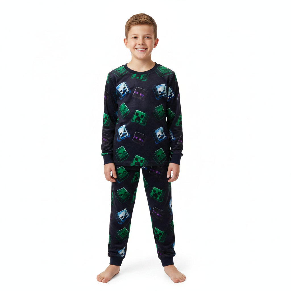 Minecraft | Black Velour Long Pyjamas | Little Gecko