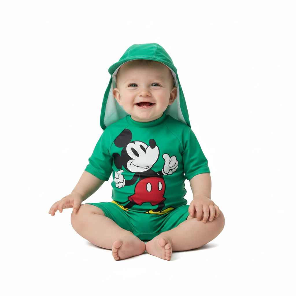 Mickey Mouse | Green Sunsuit & Hat Set | Little Gecko
